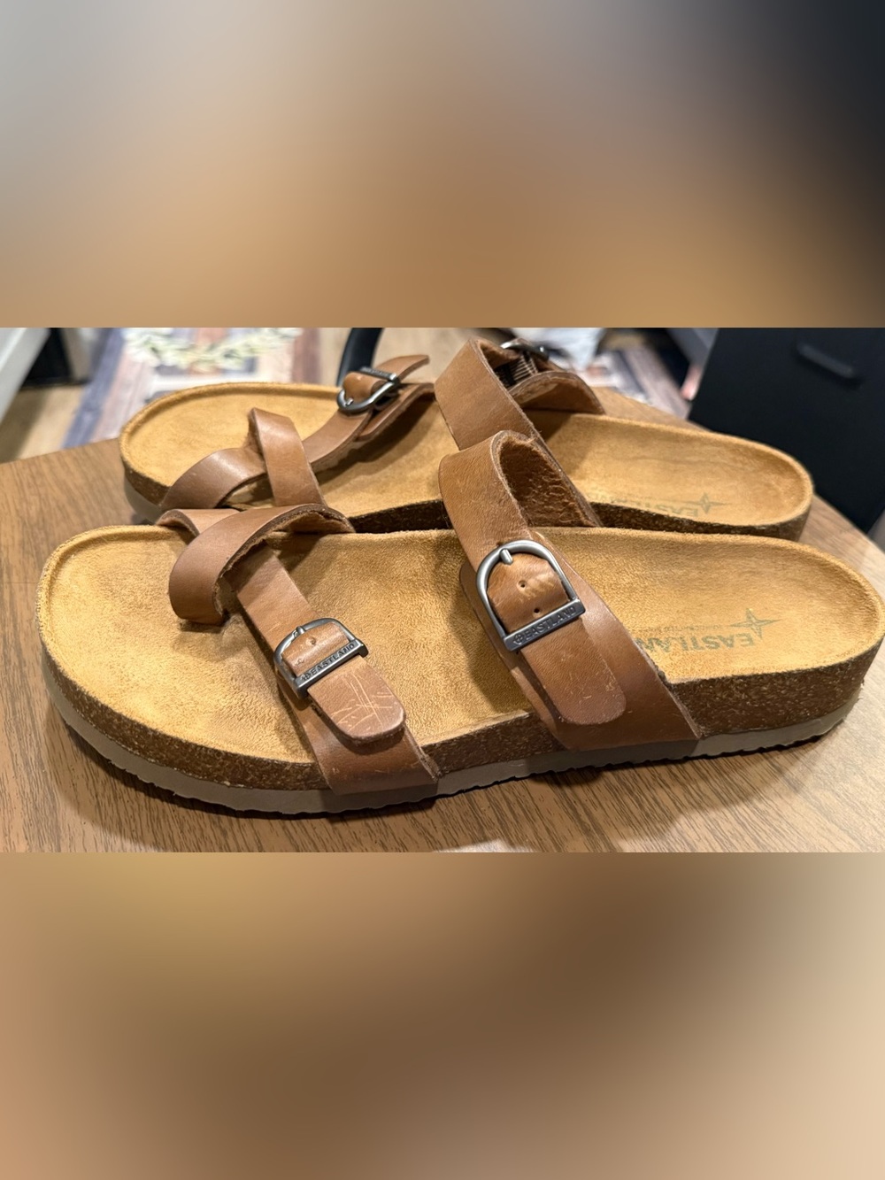 Eastland Womens 9M Leather Sandals Tiogo Brown Strap Cork Boho Festival Worn 1x